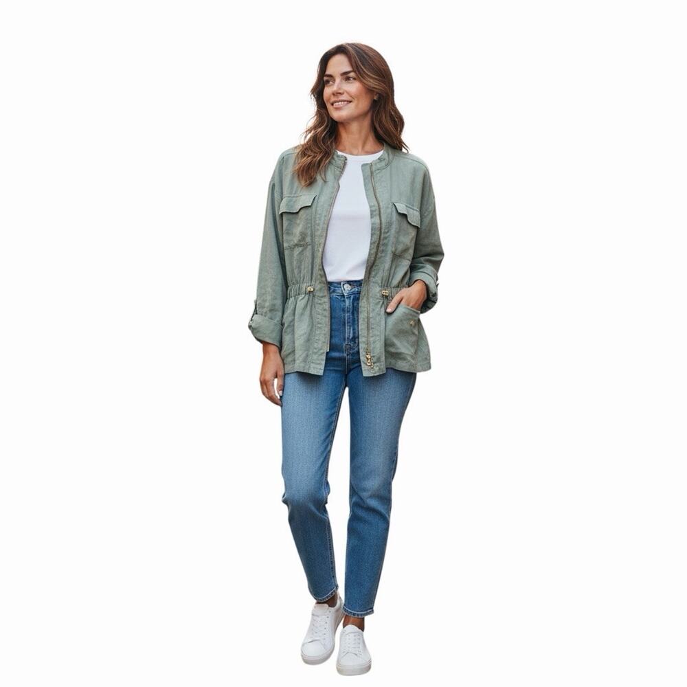 Ellen Tracy Olive Green Linen Utility Jacket Full Zip Cinched Waist Size Large